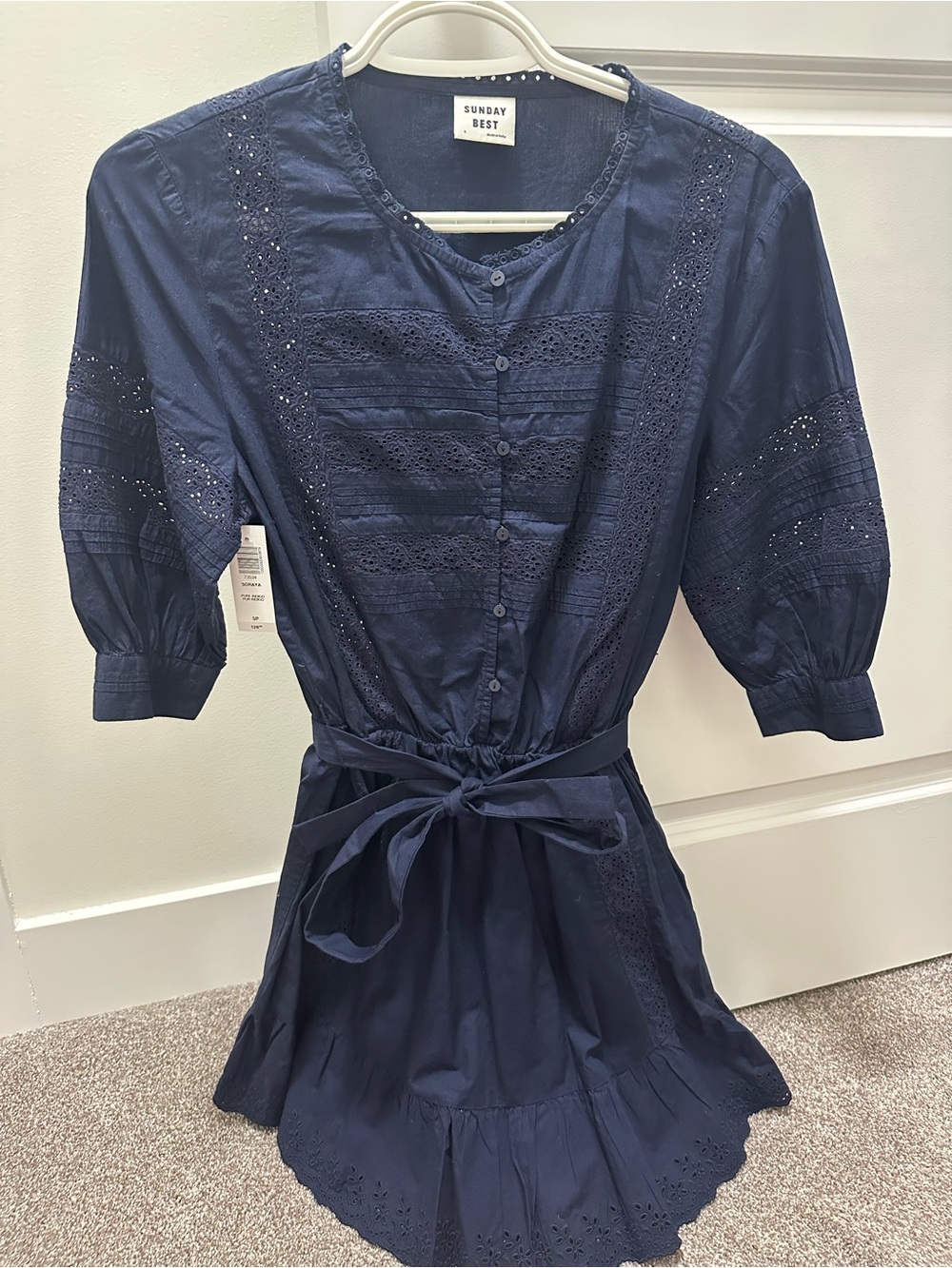 Sunday Best Navy Eyelet Tie-Waist Mini Dress size S New with Tags